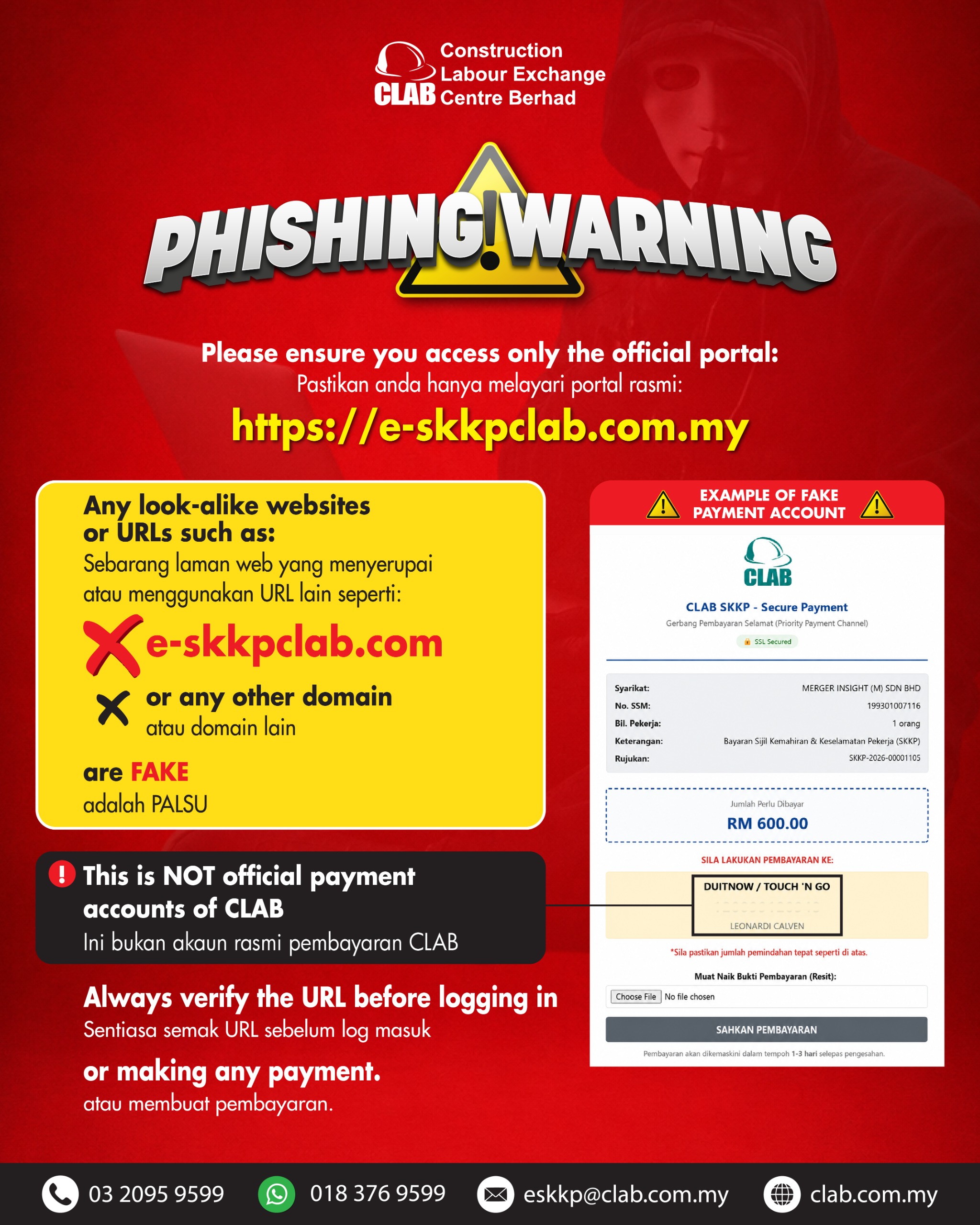 Phishing Warning — only https://e-skkpclab.com.my is the official CLAB portal